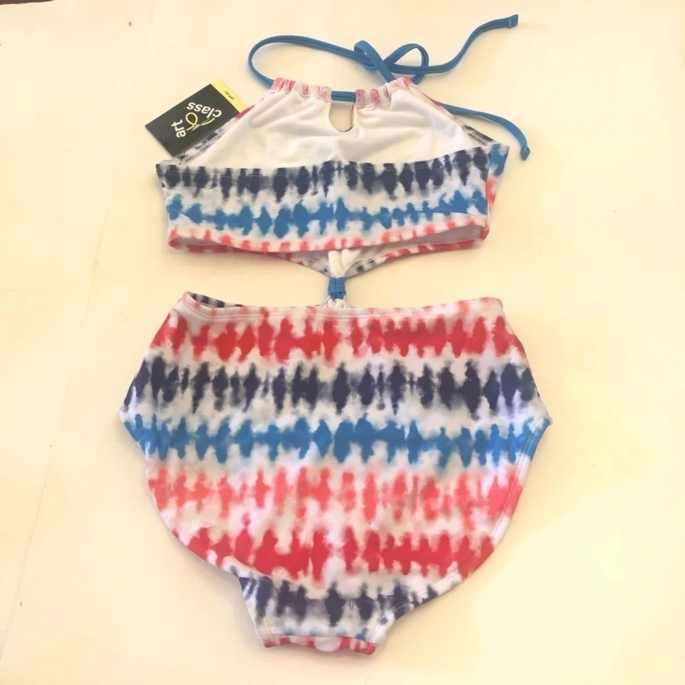 Art Class Girls' Tie-Dye Striped Cut Out Halter One Piece Swimsuit Size XL 14